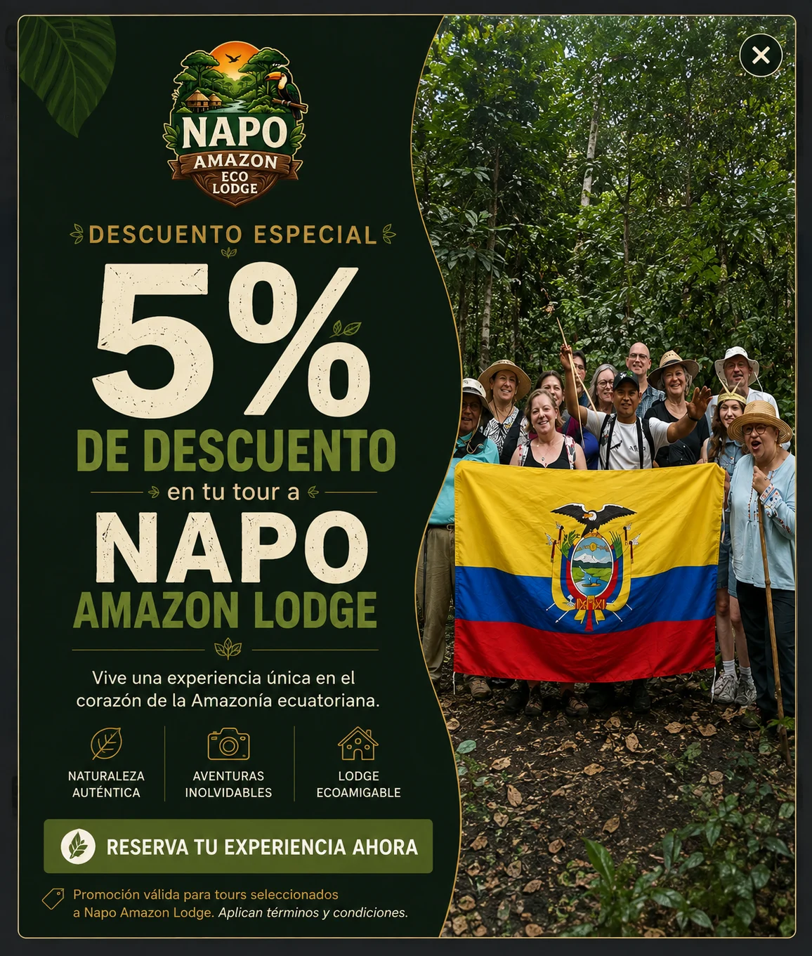 5% off your tour to Tena Amazon Lodge